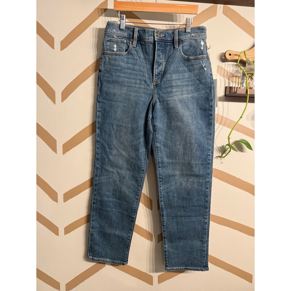 Carve Designs Brady Straight Leg Jeans Women 8 Blue Button Fly Distressed NWT